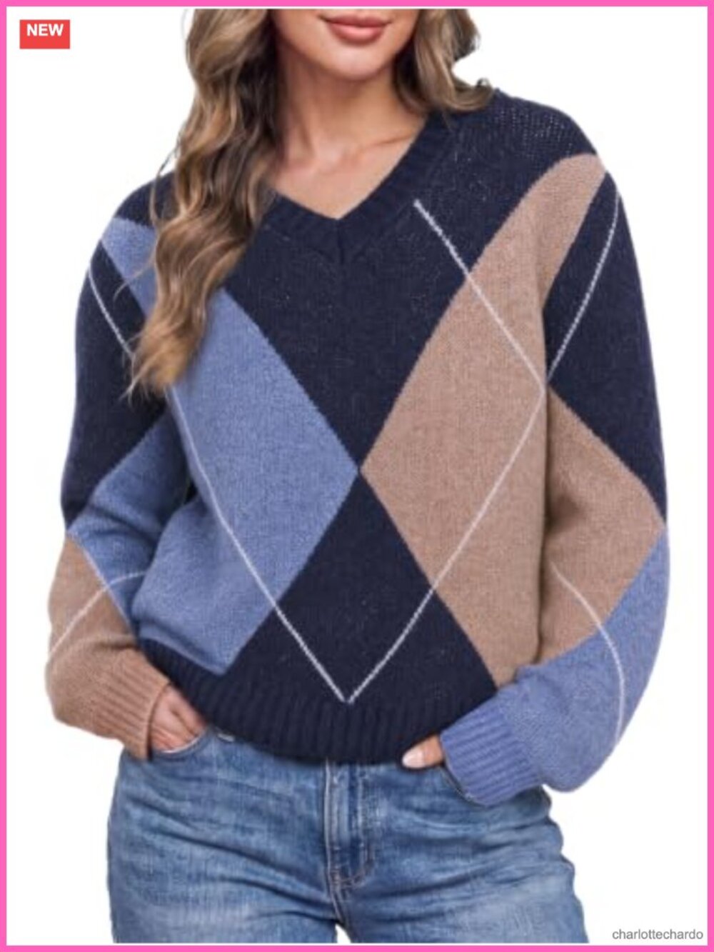 Women's V-Neck Argyle Knit Sweater Long Sleeve Relaxed Drop Shoulder Pullover